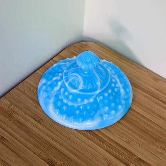 Fenton Blue White Marble Slag Hobnail Footed Covered Dish - Picture 3 of 4